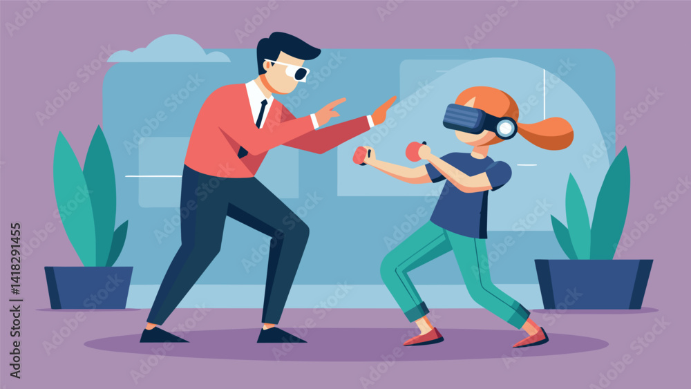 An instructor guiding a student through a series of VRbased selfdefense scenarios teaching them how to respond and react in real life situations.. Vector illustration An instructor guiding a student through a series of VRbased selfdefense scenarios teaching them how to respond and react in real life situations.. Vector illustration