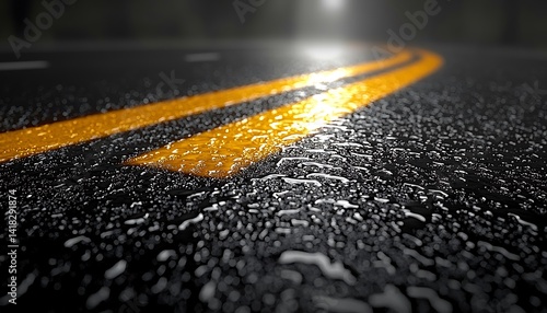 Wet asphalt road with yellow double lines.