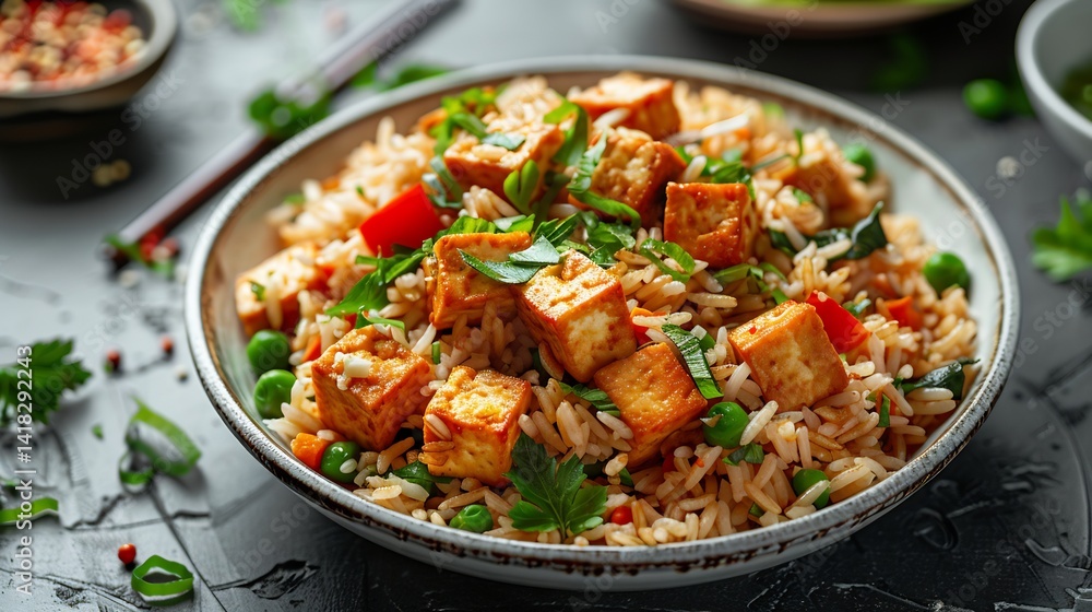 Vegan fried rice vegetables and tofu cubes neatly plated on white dish overhead composition Vegan fried rice vegetables and tofu cubes neatly plated on white dish overhead composition
