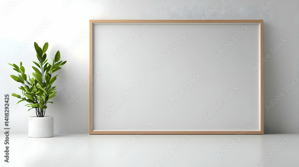 Empty Wooden Frame Mockup With Plant Decor Empty Wooden Frame Mockup With Plant Decor
