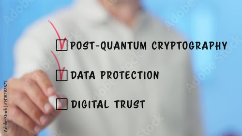 Experienced businessman selecting critical post quantum cryptography options on transparent digital screen, highlighting data protection and digital trust strategic choices