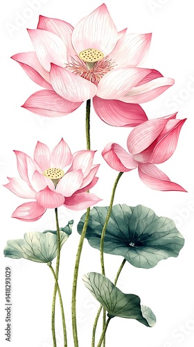 Delicate, pink lotus blossoms and leaves in artistic watercolor style.