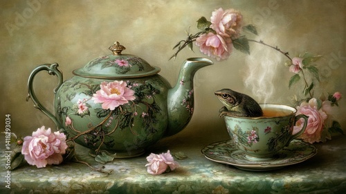 A whimsical illustration of a frog in a teacup with teapot and roses.