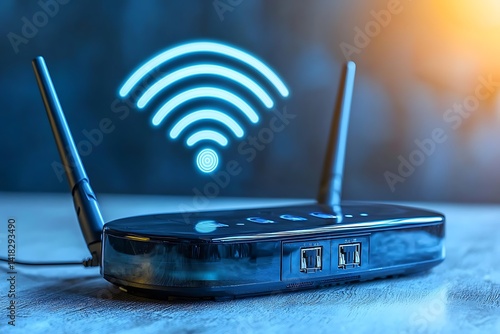 Wireless router with glowing wifi signal overlay.