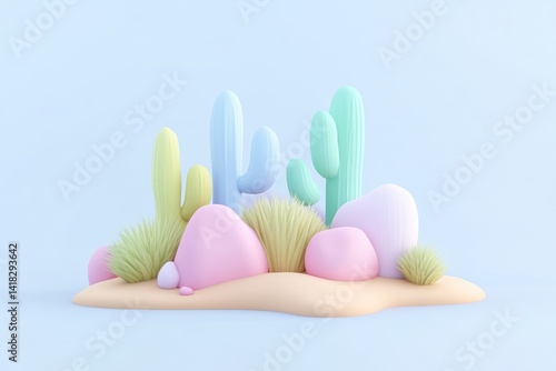 Pastel-colored 3D cacti and smooth rocks arranged on a sandy patch against a clean light blue background.