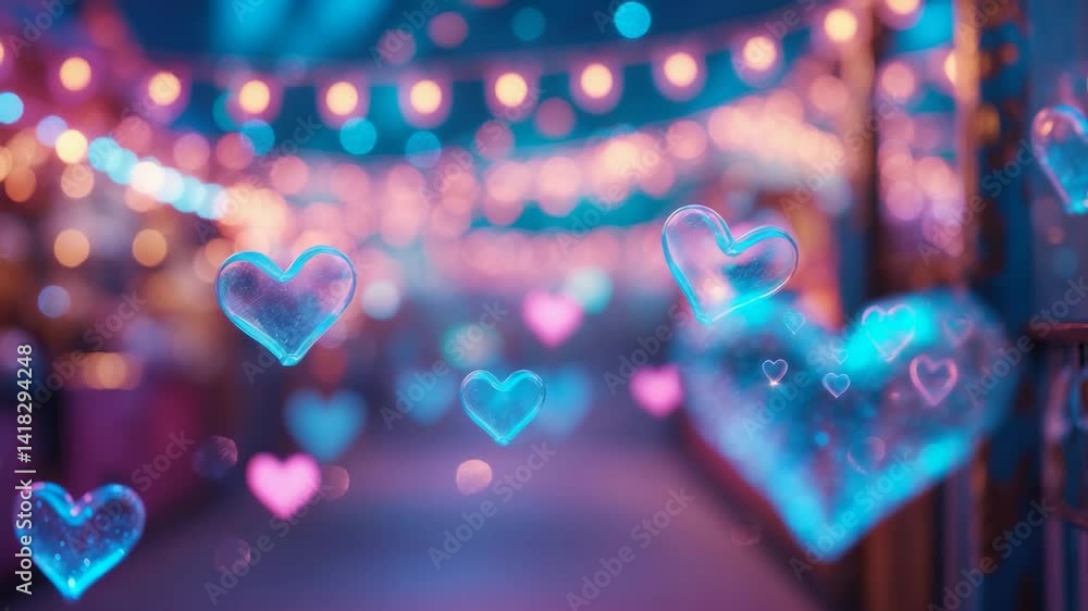 Blue and pink glitter vintage lights background with hearts overlay