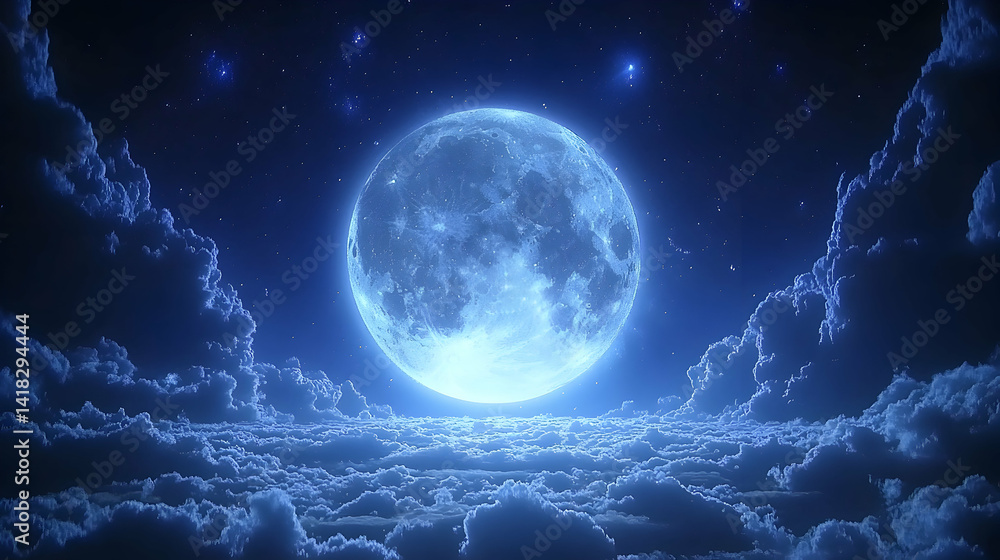 Enchanting full moon glowing over a sea of clouds under a starlit night sky. Perfect for fantasy, dreamlike, or celestial themes. Enchanting full moon glowing over a sea of clouds under a starlit night sky. Perfect for fantasy, dreamlike, or celestial themes.