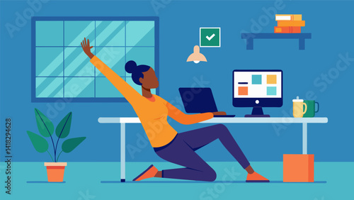 A person in their office cubicle taking a break to stretch and do some yoga poses using a VR fitness app.. Vector illustration