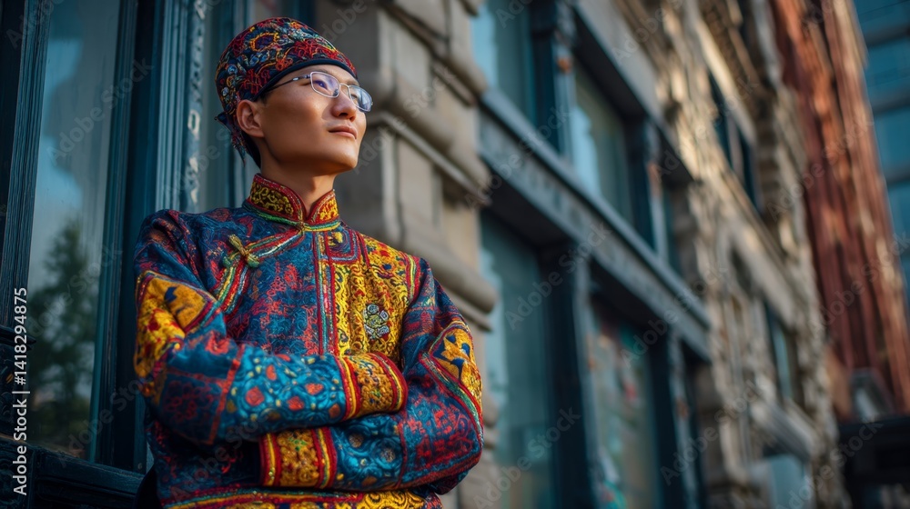 Fototapeta premium Traditional cultural attire worn by man in urban city setting reflecting heritage and modernity
