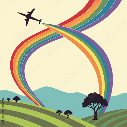 Colorful airplane trail painting the sky in rainbow hues