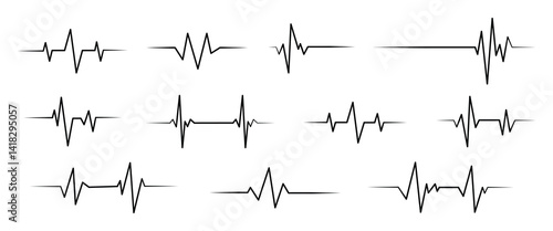 Heartbeat line collection with heart symbol, cardiology, medical pulse, ECG, EKG design, healthcare clipart vector illustration, health monitoring, digital heartbeat graphics