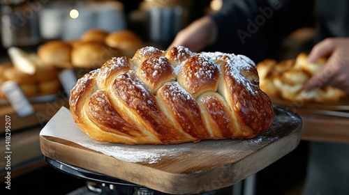Freshly baked braided brioche bread dusted with powdered sugar on a wooden stand in a bakery with a baker in the background.
