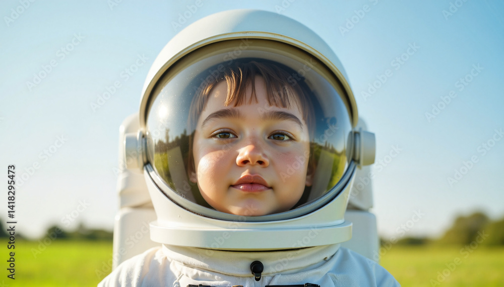 Young child gazing through astronaut helmet in grassy field, imagination Young child gazing through astronaut helmet in grassy field, imagination