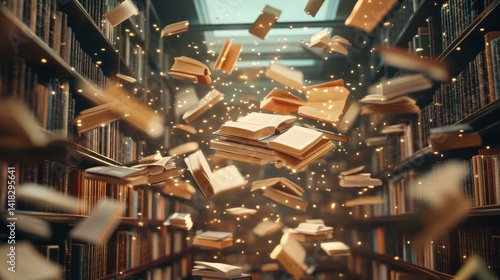 Flying books in a classic library, magical atmosphere, filled with knowledge