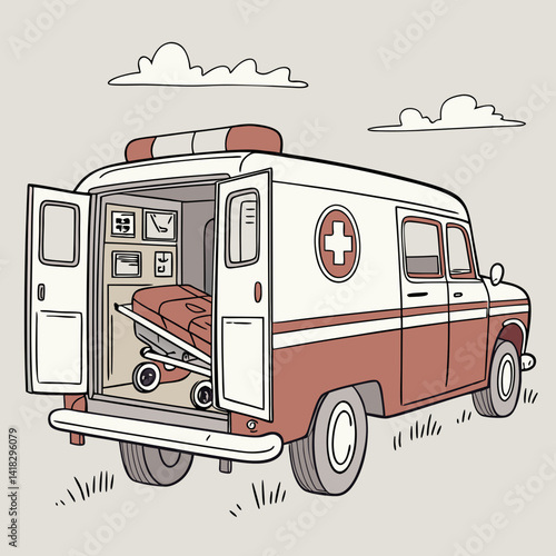 Vintage Ambulance Vehicle with Classic Medical Equipment Illustration