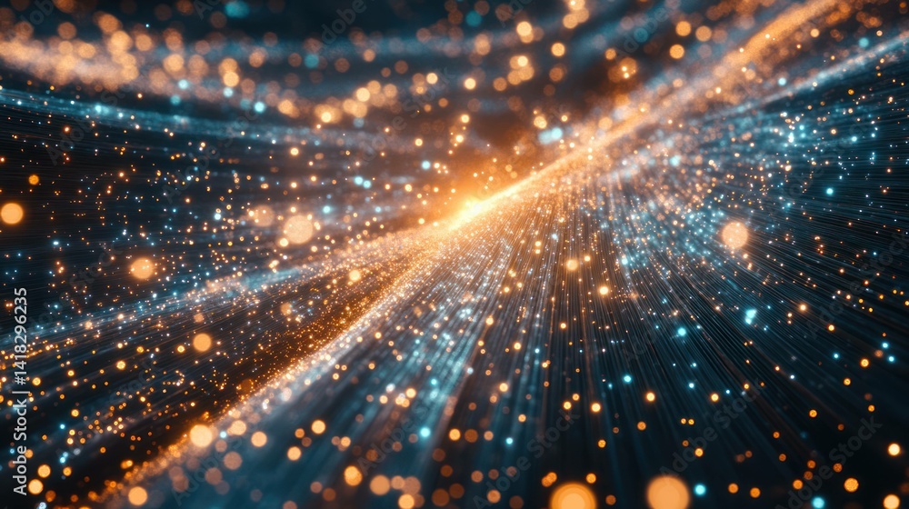 Abstract image of vibrant, flowing blue and orange light particles. Digital. Abstract image of vibrant, flowing blue and orange light particles. Digital.