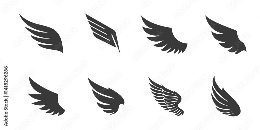 Set of black wings icons. Wings badges collection. Vector illustration. Set of black wings icons. Wings badges collection. Vector illustration.