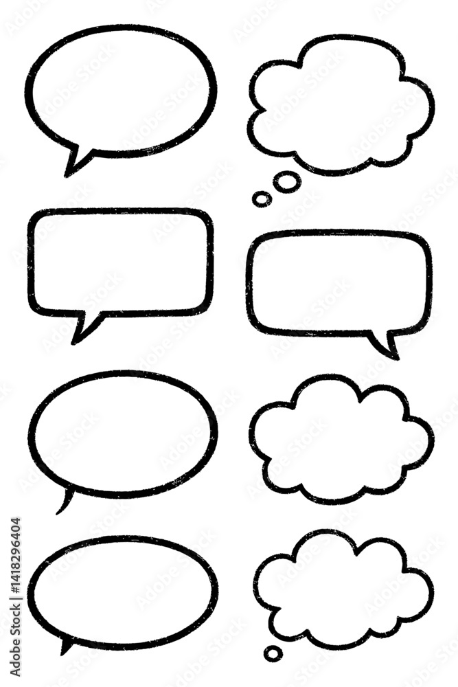 Minimalist black and white vector set of eight speech bubbles and thought bubbles in various shapes (oval, rectangle, cloud). Represents communication, conversation, thoughts, and simple graphic. Minimalist black and white vector set of eight speech bubbles and thought bubbles in various shapes (oval, rectangle, cloud). Represents communication, conversation, thoughts, and simple graphic.