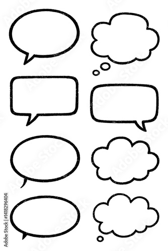 Minimalist black and white vector set of eight speech bubbles and thought bubbles in various shapes (oval, rectangle, cloud). Represents communication, conversation, thoughts, and simple graphic.