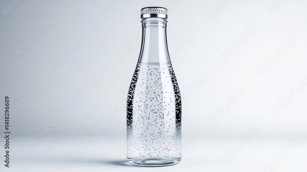 A glass bottle filled with sparkling water featuring a metallic cap and bubbles rising within A glass bottle filled with sparkling water featuring a metallic cap and bubbles rising within