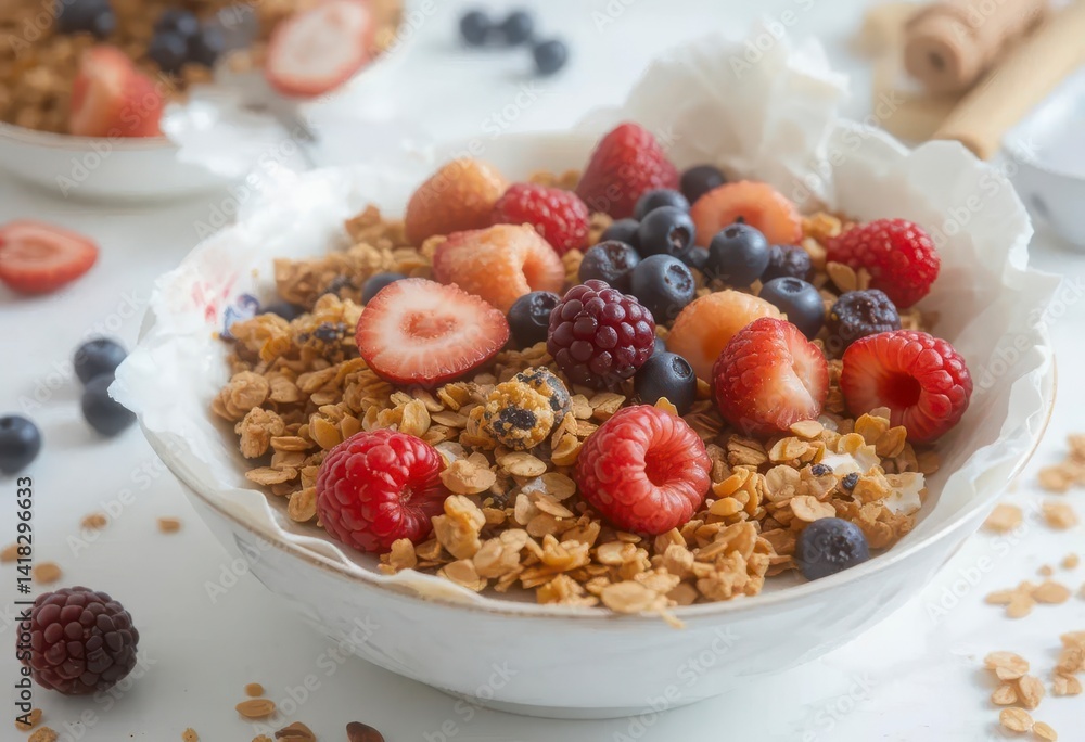 Fresh Berry Granola Bowl with Strawberries, Raspberries, Blueberries Fresh Berry Granola Bowl with Strawberries, Raspberries, Blueberries