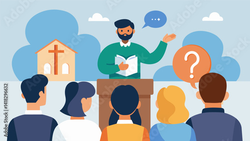 A QA session is held during the orientation allowing newcomers to ask any burning questions they may have about the church and its practices.. Vector illustration