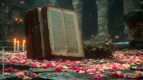 Ancient book lies open amidst pink petals and candles in mystical ruins.  A sense of mystery and forgotten lore pervades the scene.