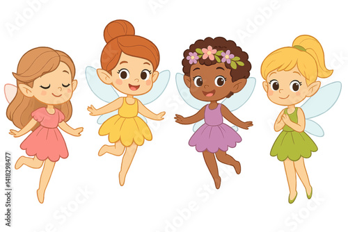 Set of pretty fairies in cute dresses as cartoon characters with a girly theme