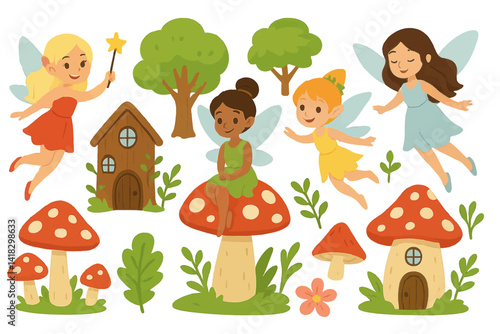 The fairy clipart collection includes cartoon fairies, fairy houses, and a range of forest elements