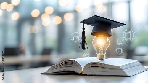 A radiant lightbulb on an open book wearing a graduation cap surrounded by digital learning icons highlighted by soft bokeh lights in a dreamy background