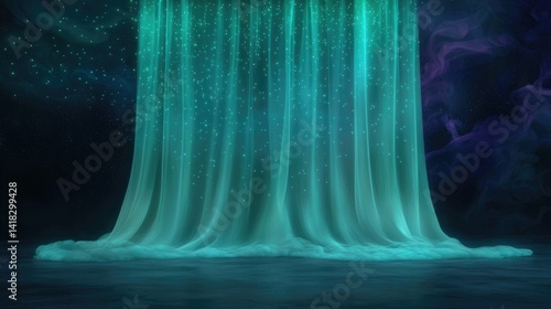 Glowing teal waterfall of magical light particles flowing down in a dark fantasy cave.