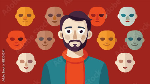 A selfportrait features the artist standing in front of a wall of masks each with a different emotion revealing their struggles with authenticity and. Vector illustration