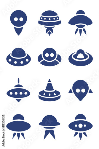 Blue UFO Silhouette Icons Set on White Background
