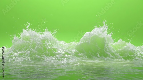 Dramatic waves crash against a green screen backdrop, digital rendering.
