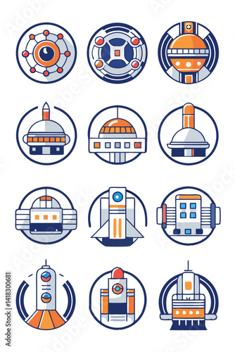 Space exploration and colony outpost icon set illustration