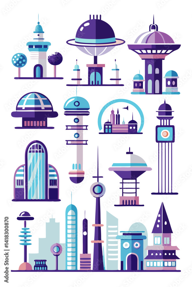 Naklejka premium Modern Futuristic Cityscape Illustration with Retro Geometric Buildings