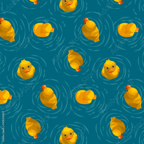 Yellow ducklings floating in the water.Vector seamless pattern with yellow ducklings on a colored background.