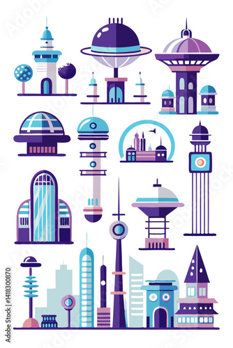 Modern Futuristic Cityscape Illustration with Retro Geometric Buildings