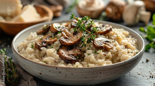 Vegan creamy mushroom risotto garnished herbs neatly plated in white bowl clean presentation