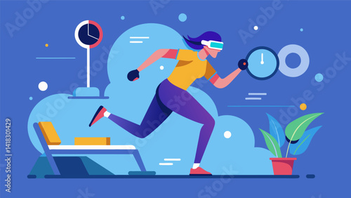 In a race against time users must use their physical prowess to overcome virtual challenges and safely reach the VR Adventure Fitness finish line.. Vector illustration