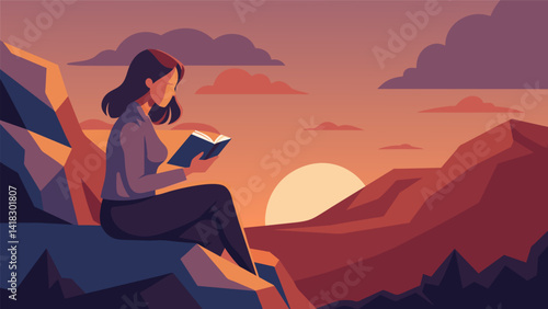 A woman leaning against a rocky cliff engrossed in reading her Bible as the sun sets behind her.. Vector illustration