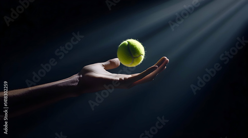 A striking composition featuring an outstretched hand releasing a tennis ball into the air, bathed in a single focused beam of light. The dark, moody background enhances the dramatic contrast