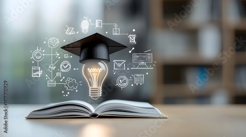 A glowing lightbulb perched on an open book adorned with a graduation cap surrounded by digital learning icons capturing the essence of education innovation