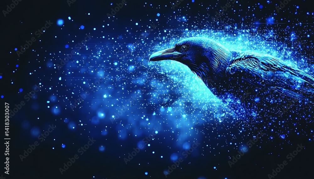 Fototapeta premium A spectral raven, enveloped in a celestial blue glow.