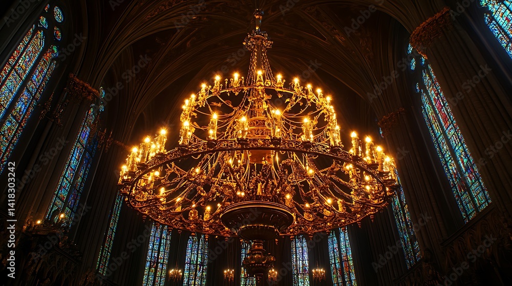 Obraz premium Stunning chandelier adorned with crystals hanging from the cathedral ceiling