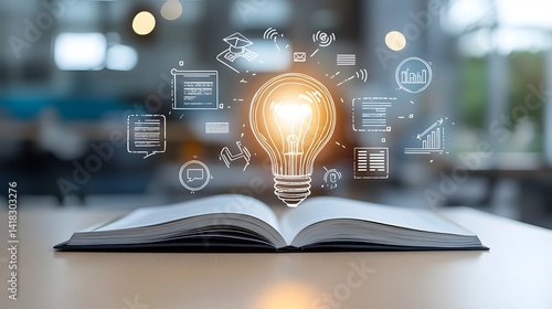 A conceptual image representing the advancements in online education with a bright lightbulb symbolizing ideas and innovation surrounded by digital course icons and an open book against a dreamy