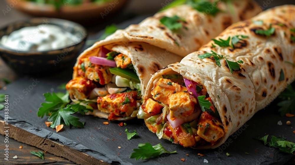 Vegan doner kebab soy protein strips cabbage and garlic sauce rolled in flatbread white background Vegan doner kebab soy protein strips cabbage and garlic sauce rolled in flatbread white background