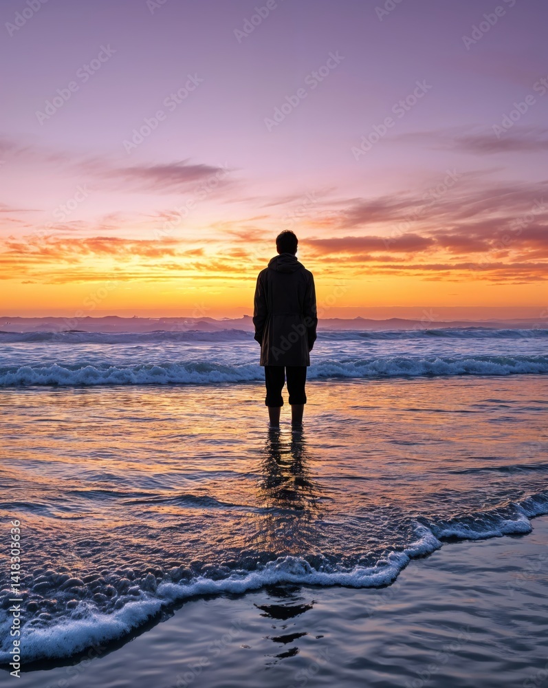 A solitary figure stands partially submerged in calm waves at the shoreline, gazing at a vibrant sunset that paints the sky with hues of orange and purple, creating a serene atmosphere of tranquility.