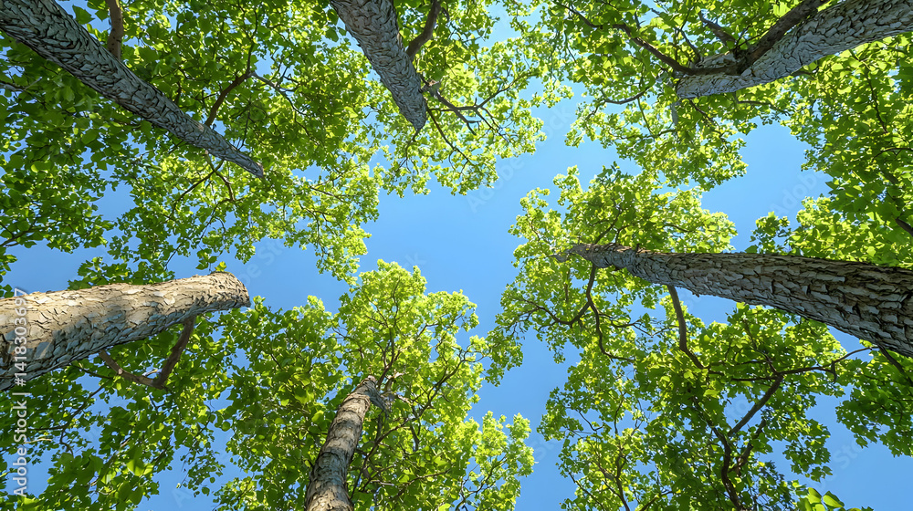 Fototapeta premium Upward View Of Lush Green Trees Against Blue Sky