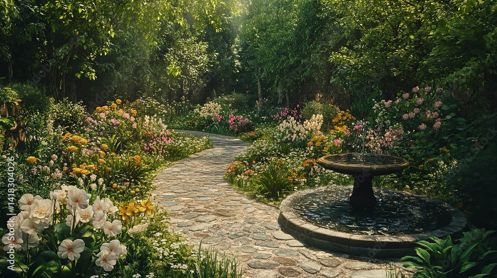 Serene Stone Path Winding Through Lush Blooming Garden Peaceful Tranquil Spring Summer Flowers Fountain Nature Scene Idyllic Landscape Beautiful Serene Stone Path Winding Through Lush Blooming Garden Peaceful Tranquil Spring Summer Flowers Fountain Nature Scene Idyllic Landscape Beautiful